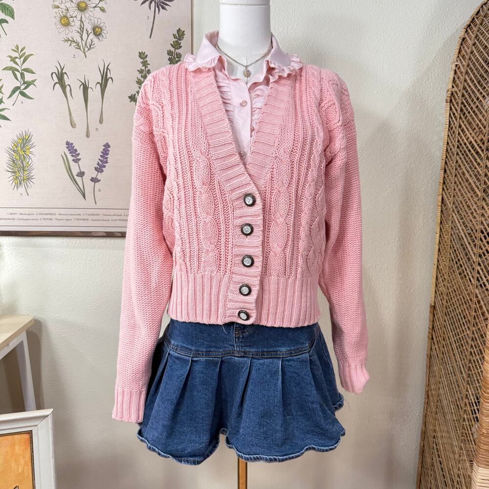 Vintage 90s Y2k Pink Cable Knit Cardigan Sweater Coquette Dolly Dollette S M